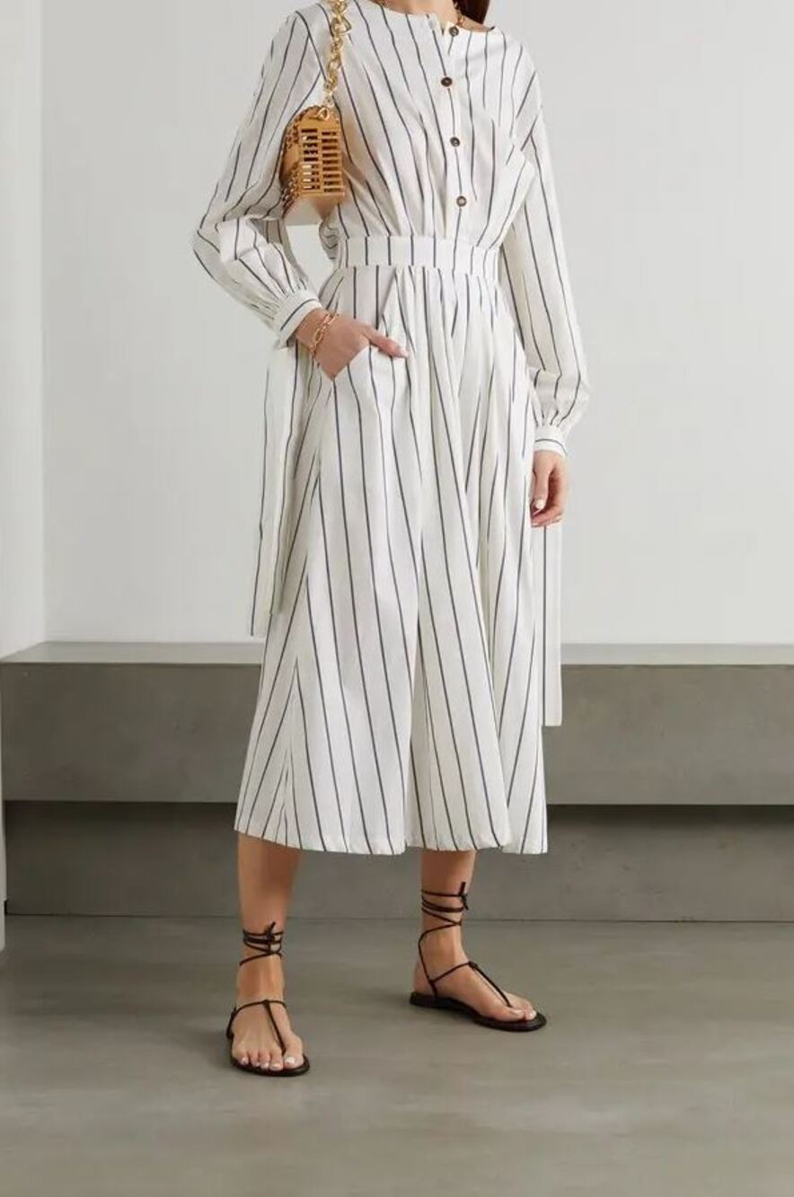 King & Tuckfield Tie-Detailed Striped Poplin Midi Dress Women's Sze L White Blue